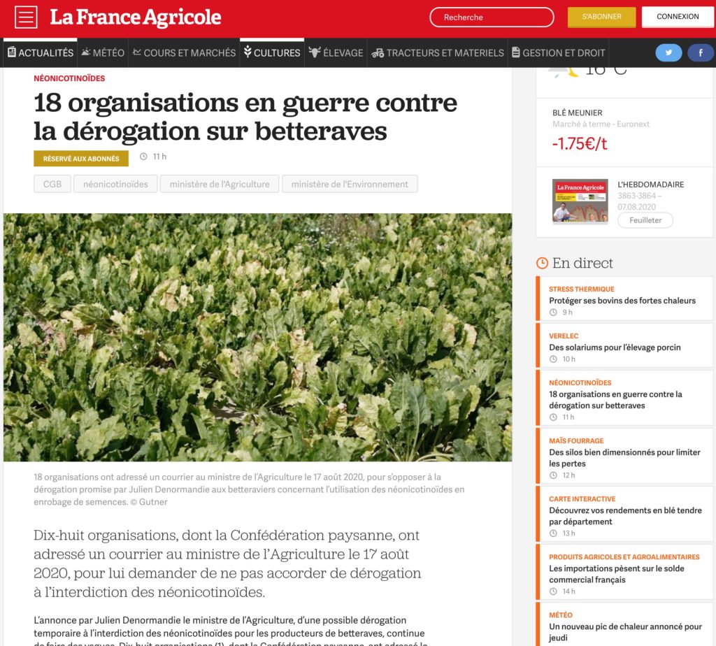 「18の団体が、ベトラーブの規制緩和に反対し闘いを挑む」
業界誌 France Agricole（農業フランス）のサイトより。